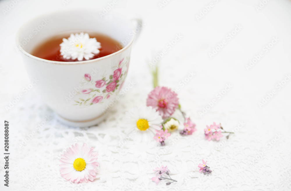 Cup of tea with daisies on white background Cup of tea with daisies on white background