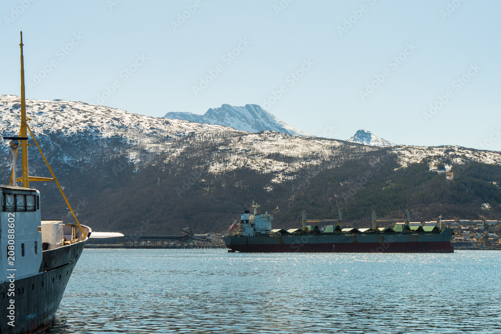 A cargo ship at the port of Narvik, Norway
