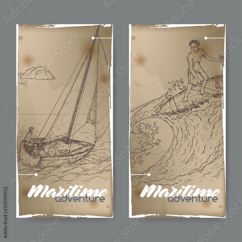Two vintage banners with sailboat and surfer sketch. Maritime adveture series.