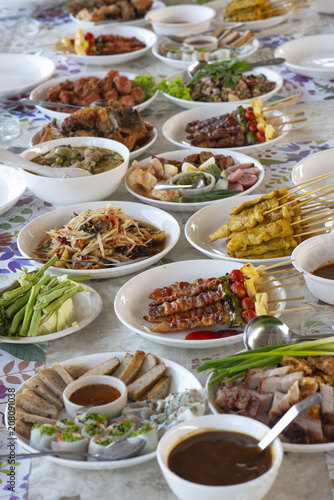 Various types of food Thailand placed on table, ready to eat.