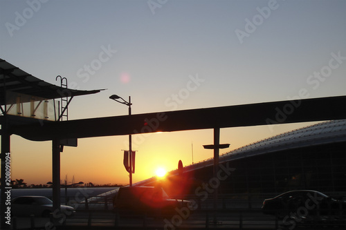 Sunrise in the Far East, taxi stop at the airport, South Korea