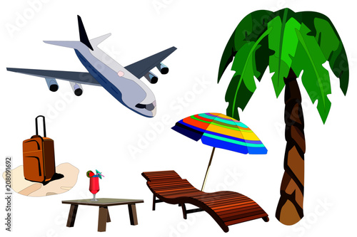 Beach summer, chaise longue under the palm tree, airplane and suitcase