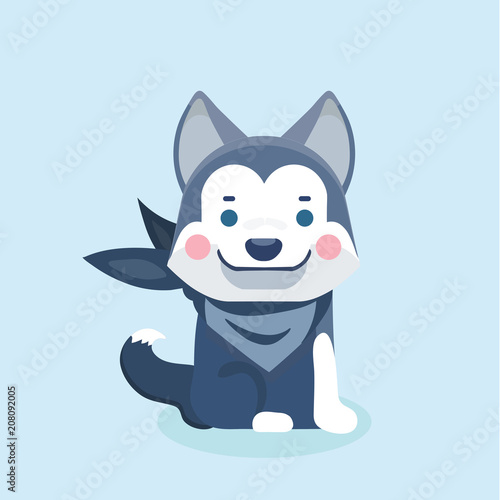 Cute cartoon siberian husky puppy on pastel background.