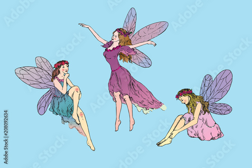 Beautiful three young fairies dancing, flying in wind and sitting around, hand drawn doodle sketch, color vector illustration