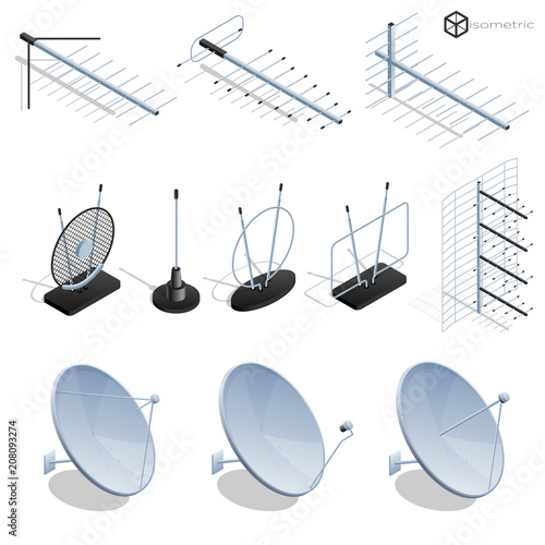 Vector tv antenna, realistic satellite antenna TV router, tv isometric icons.