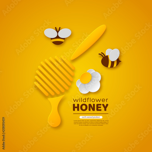 Wild flower honey design. Paper cut style dipper, flower and bees. Decorative elements for beekeeping and honey products. Yellow background, vector illustration.