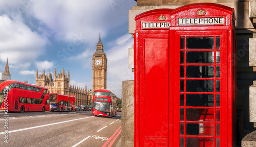 Valokuva London symbols with BIG BEN, DOUBLE DECKER BUS and Red Phone Booths in England,