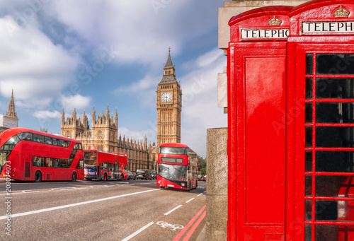 London symbols with BIG BEN  DOUBLE DECKER BUS and Red Phone Booths in England  UK