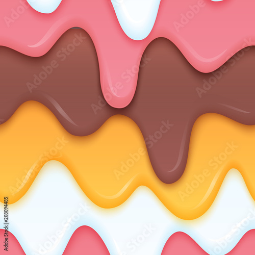 Multicolor ice cream dripping. Liquid layered colorful food concept. Colorful dripping seamless background