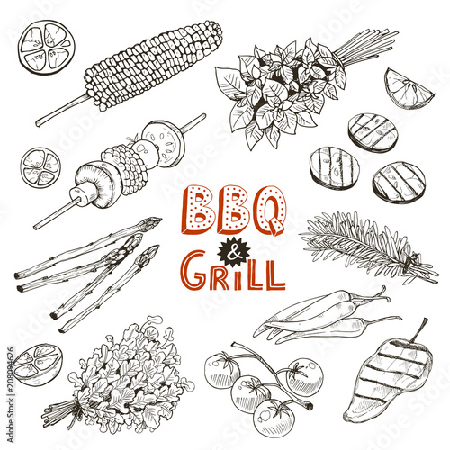 Grill time. Hand drawn bbq vegetables sketches isolated on white background.  Grilled corn, pepper and eggplant slices. Bunch of parsley, rosmary and basil bundles.