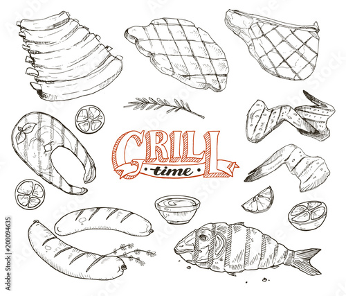 Grill time. Hand drawn bbq meat and fried fish sketches isolated on white background. Barbeque pork ribs, beafsteak, chicken wings. Grilled dorado and salmon. Roasted sausages.
