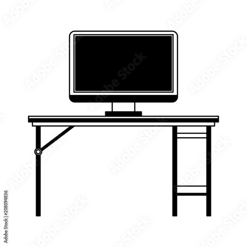 Computer in desk with books vector illustration graphic design