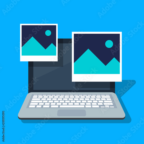 Icon picture or paper photo on a laptop screen background. Flat cartoon photo symbol isolated image. Vector illustration.