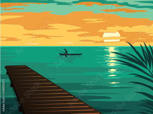 landscape with the silhouette of fishermen in a boat at sunset