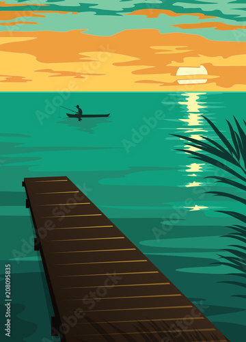 landscape with the silhouette of fishermen in a boat at sunset