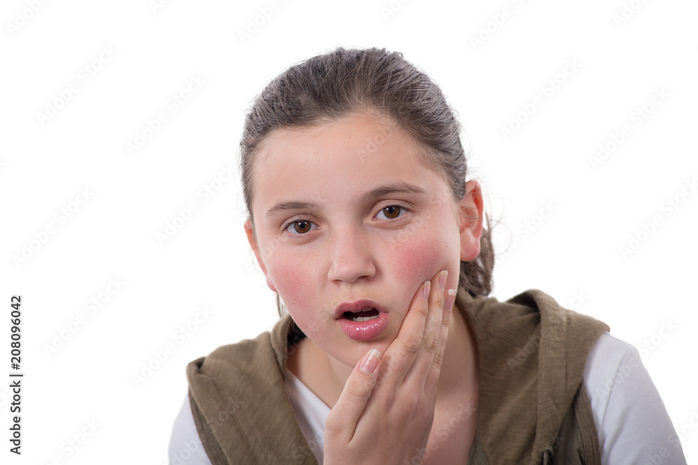 teenage girl has a toothache isolated on white background teenage girl has a toothache isolated on white background