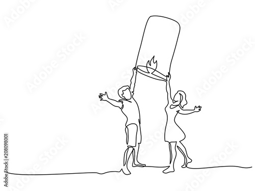 Continuous line drawing. Happy young couple launching sky paper lantern on beach. Concept for logo, card, banner, poster, flyer