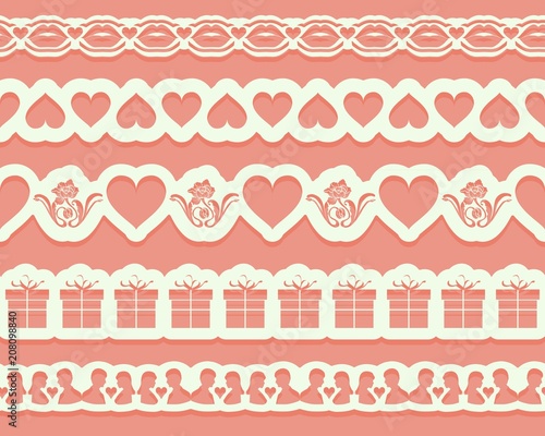 Laser cutting stencil borders for decoration, design cards, interior decorative elements. Set of seamless lace ribbons for Valentines day.