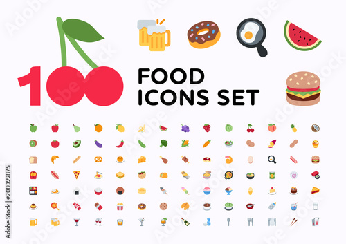 Food and beverages, fruits, vegetables, fast foods, cakes, restaurant, cafe vector illustration flat icons, symbols, emoticons, emojis, stickers set, collection