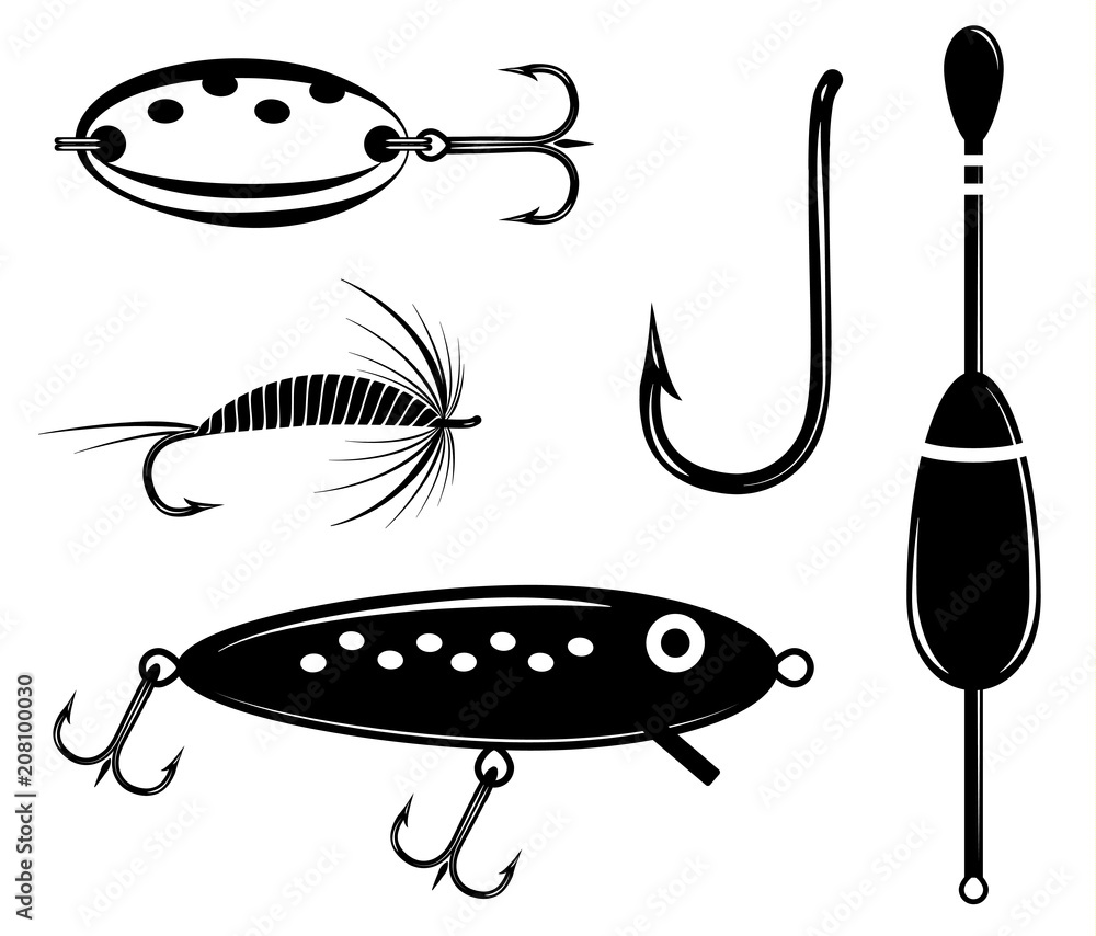 Fishing set vector. Artificial fly, wobbler, lure, float, hook Stock Vector