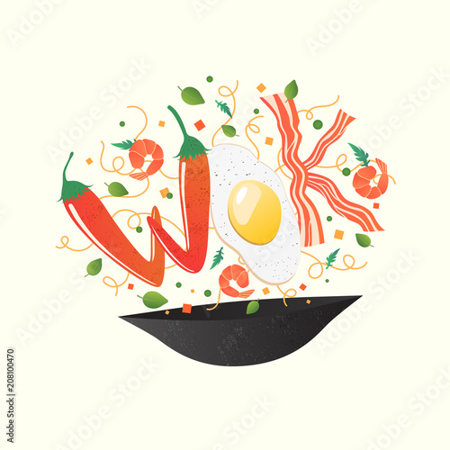 Wok logo for thai or chinese restaurant. Stir fry with edible letters. Cooking process vector illustration. Flipping Asian food in a pan. Cartoon flat style isolated on white