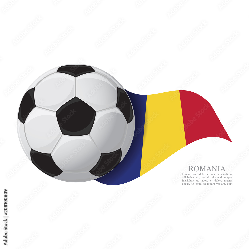 Obraz premium Romania waving flag with a soccer ball. Football team support concept