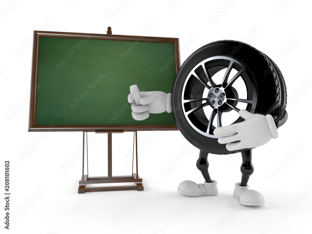 Car wheel character with blank blackboard