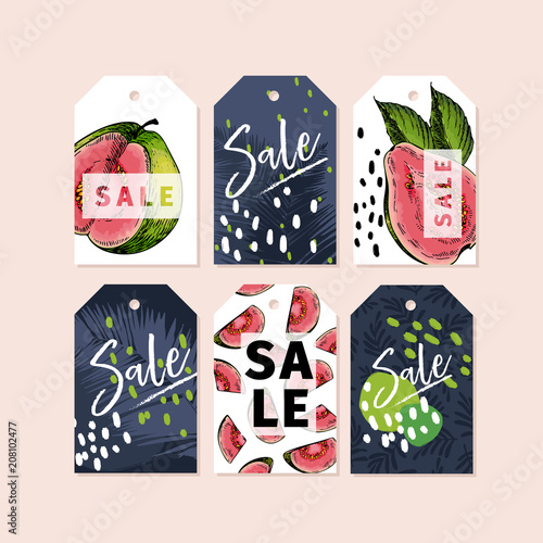 Vector set of tag badges. Summer sale. Tropical trendy theme. Palm leaves, hand drawn guava. Business promotion, discount banner, offer flyer, online shopping, advertisting coupon, newsletter.