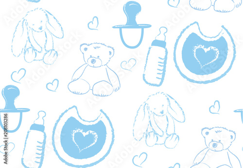 Vector semaless pattern with hand drawn illustration accessories for kids and newborn isolated on white background
