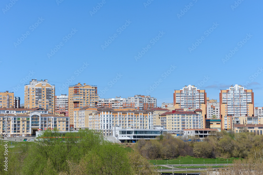 May 9, 2018: Photo of residential multi-storey brick houses in the center of the city of Cheboksary. Chuvashia. Russia.