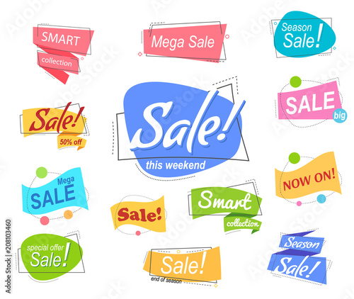 Big set Colored promotion banners. flat speech bubble shaped sticker, ribbon. Vector illustration linear style. Text - Sale end of season, Smart collection, sale this weekend.