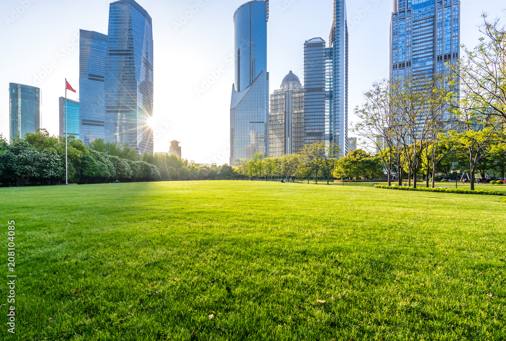 Fototapeta premium modern office building with green lawn in park
