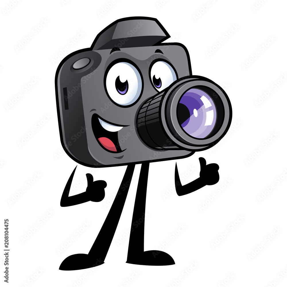 Obraz premium Happy cartoon camera mascot is smiling and with thumbs up.