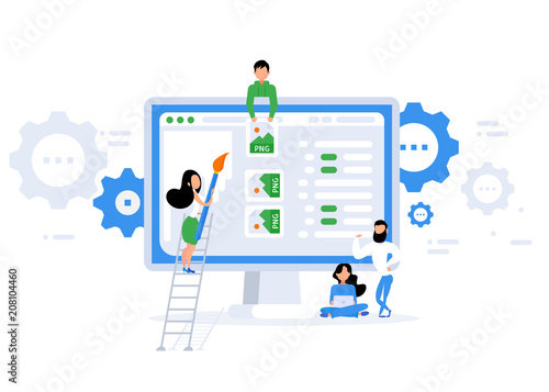 Repair of the page. Error 404 page. Flat vector illustration in cartoon style. Trendy flat style. Vector illustration.