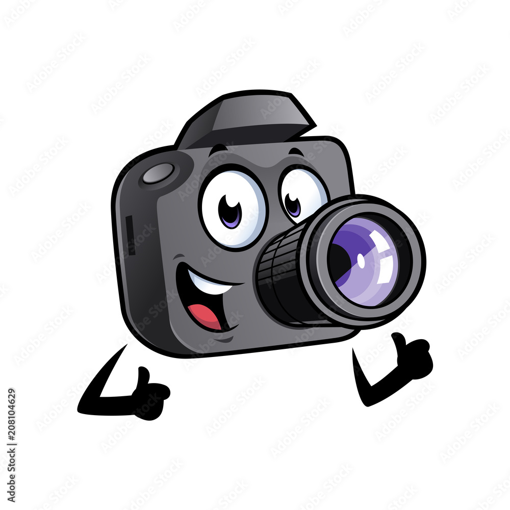 Obraz premium Happy cartoon camera mascot is smiling and with thumbs up.