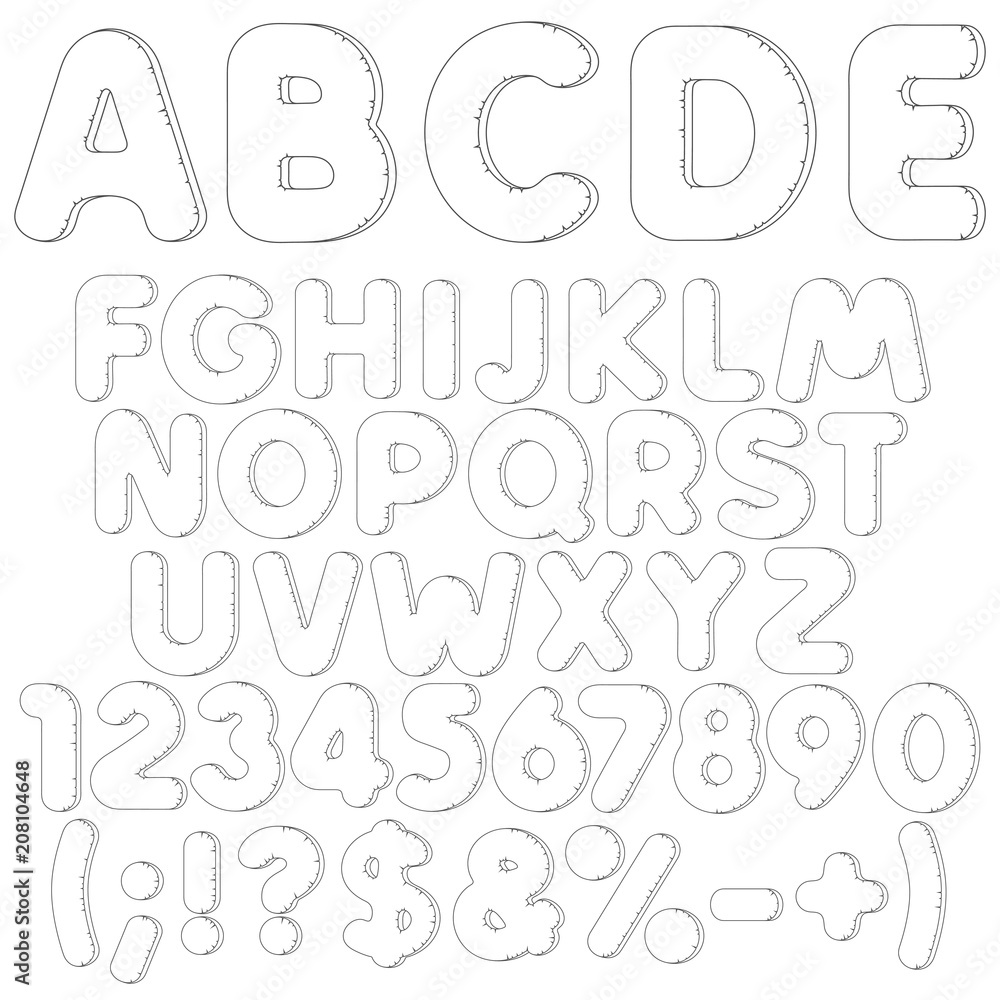Inflatable alphabet, letters, numbers and signs. Set of black and white isolated vector objects on white background.