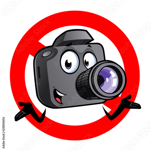 Cartoon camera mascot within a prohibited signal.