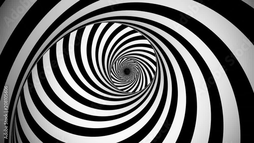 A psychedelic 3d rendering of an optical illusion created by black and white lines rotating in a tunnel with spiraling effect. They create the mood of mystery and magic. photo