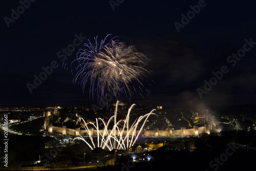 night views of fireworks in the city of Avila in Spain, medieval walled city perfectly preserved 