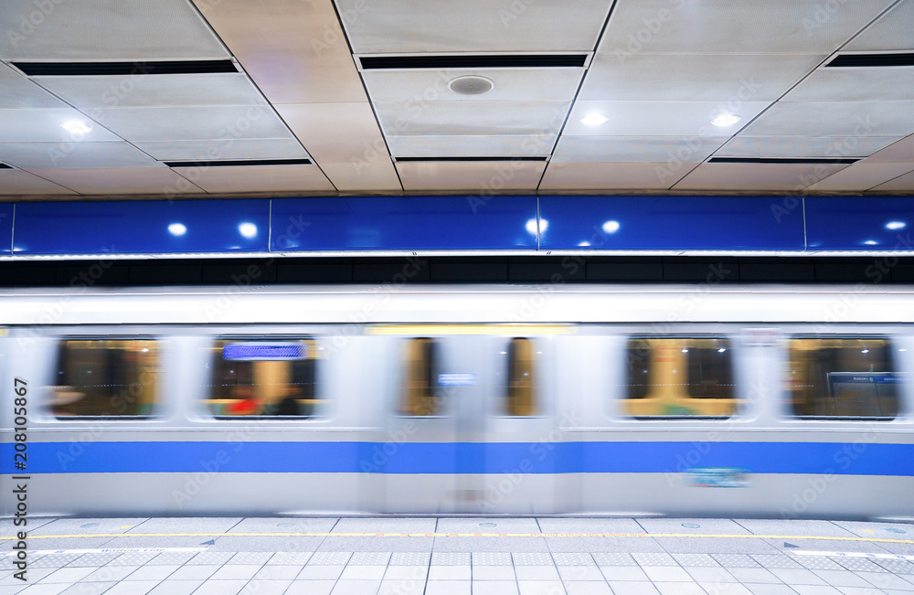 Obraz premium Moving and speed Taiwan underground train, Blue line., Taipei, Taiwan