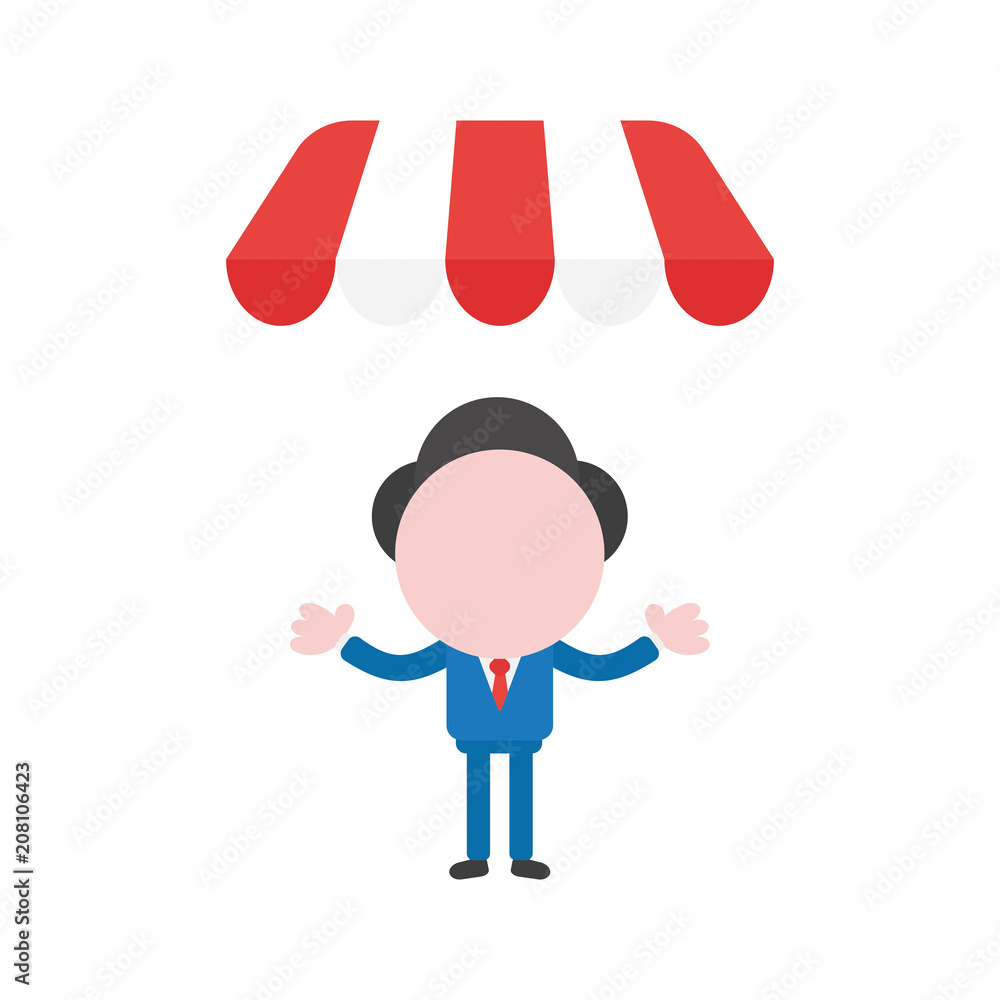 Vector businessman character under shop store awning Vector businessman character under shop store awning