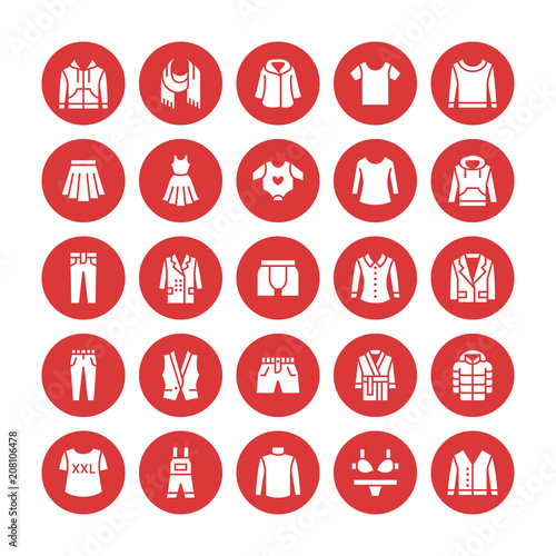 Clothing, fasion flat glyph icons. Mens, womens apparel - dress, down jacket, jeans, underwear, sweatshirt, t-shirt. Silhouette signs for clothes and accessories store. Pixel perfect 64x64 in circle.