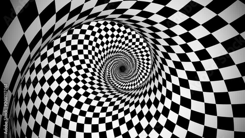 An optical art 3d rendering of an illusion created zoom in of black and white squares forming a huge spiral from chessboards generating the spirit of enchantment and supernatural.