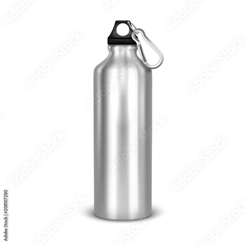 Vector realistic 3d empty glossy metal water bottle with black bung closeup isolated on white background. Design template of packaging mockup for graphics. Front view