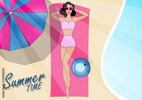 summer time. Girl sunbathing on the beach