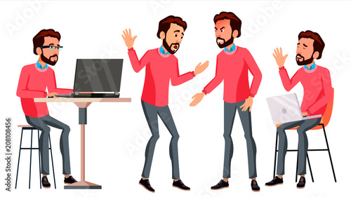 Office Worker Vector. Face Emotions, Various Gestures. Businessman Person. Smiling Executive, Servant, Workman, Officer. Isolated Character Illustration