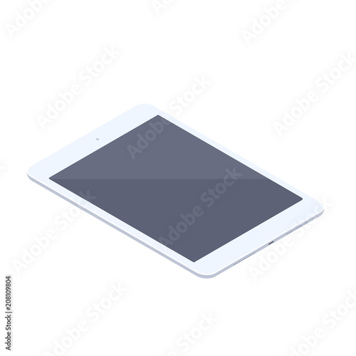 Isometric white tablet isolated illustration. Technology and computing design element. Horizontally oriented tablet pad with locked display vector isometric 3d cartoon on white background.