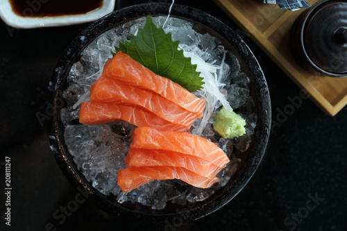 Salmon sashimi on ice Japanese food