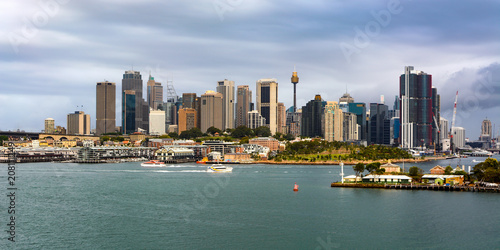 Wide panoramic view across the harbor of Sydney's iconic city skyline and downtown central business district in Australia