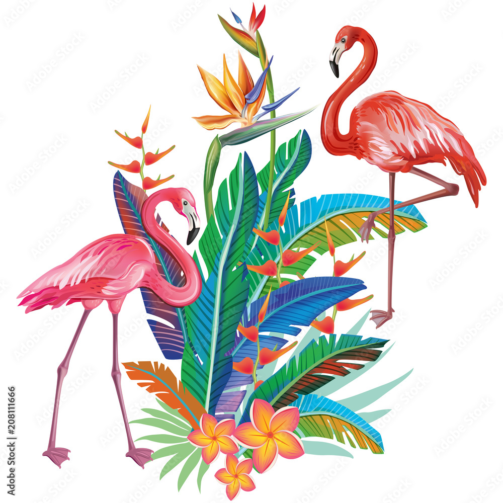 Naklejka Flamingi z aranżacją z tropikalnych kwiatów